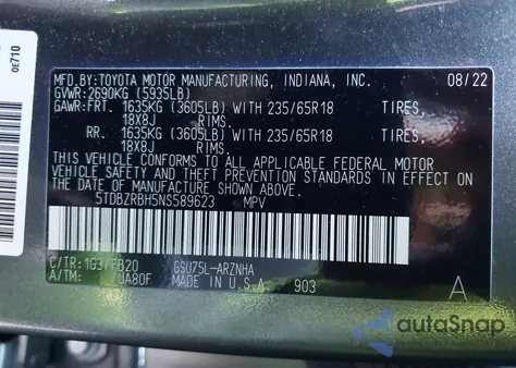 2022 Toyota Highlander Le z USA, uszkodzony, nr VIN 5TDBZRBH5NS589623